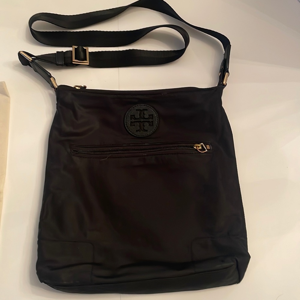 Tory Birch black nylon cross body bag. 11”10”